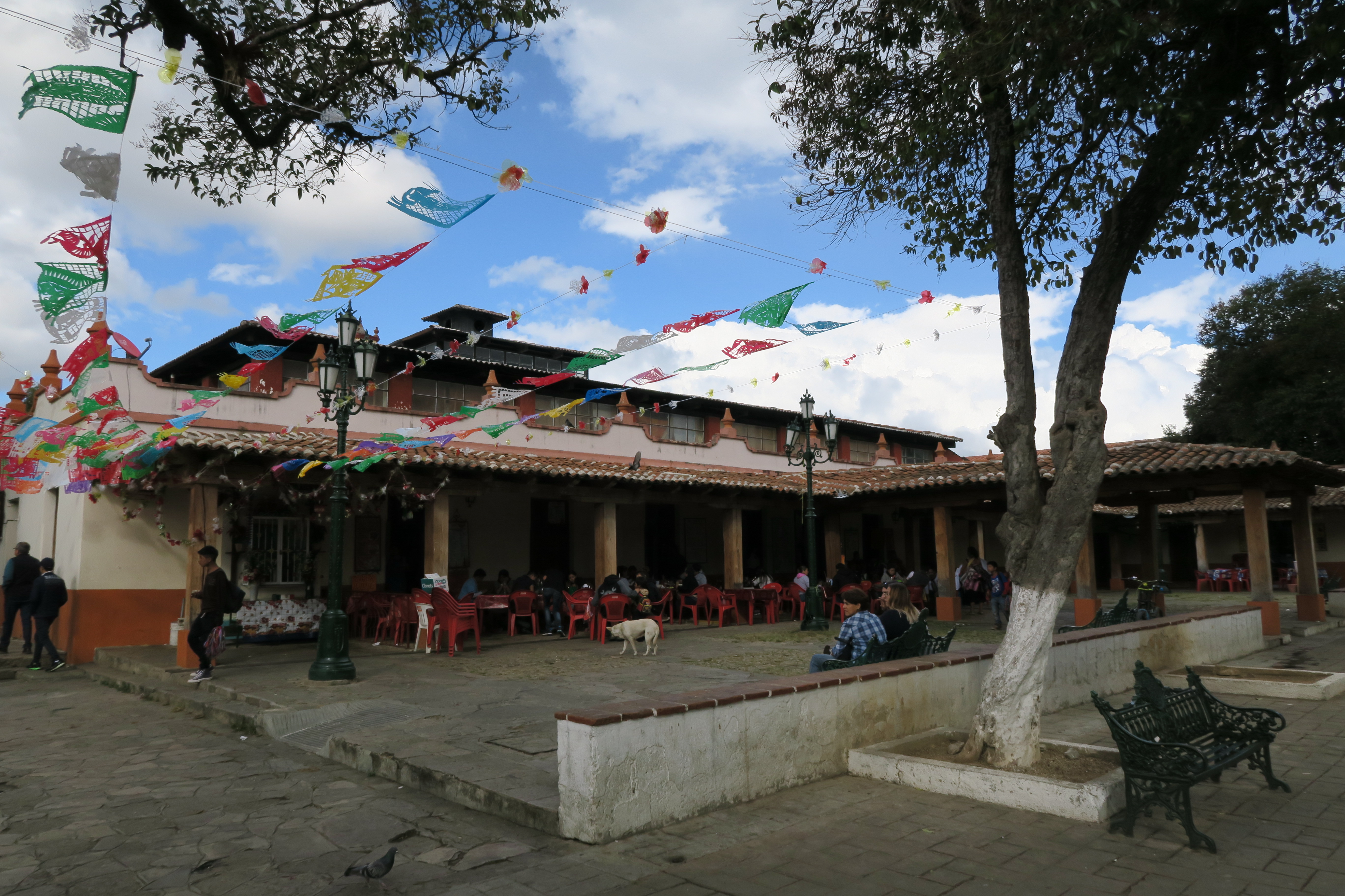 Place avec plusieurs restaurants en terrasses, couverte de guirlandes aux couleurs du Mexique.