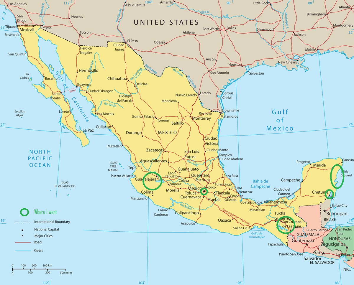 Carte du Mexique. Les zones entourées en vert sont celles où je suis allée : Guadalajara, Mexico city, las chiapas, san cristobal, playa del carmen, chetumal