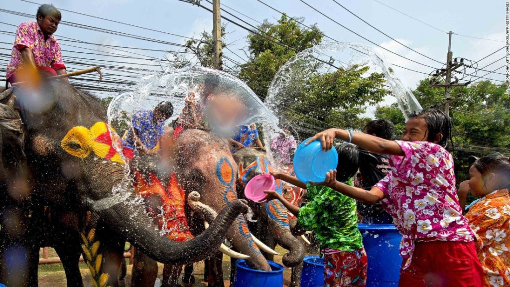 bataille d'eau entre les hommes et les éléphants à Ayuttaya pendant Songkran